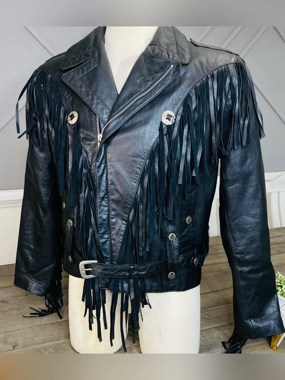 Vintage Leather Warehouse Black Fringe Moto Jacket Belted Western Rock Sz 44